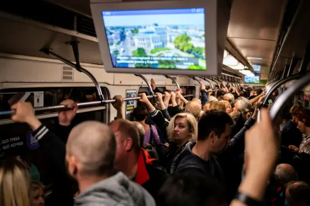 A crowded metro train in Kyiv