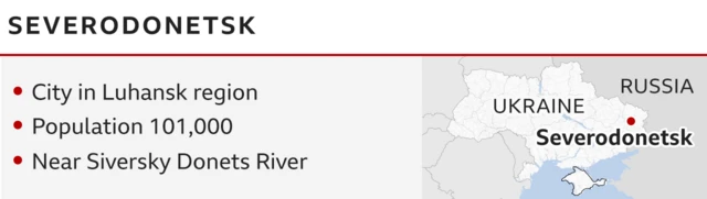 Map shows the location of Severodonetsk: an eastern city with 101,000 people