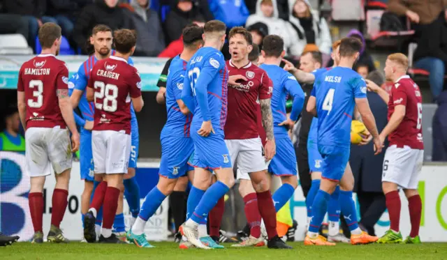 Arbroath and Inverness players scuffle on Tuesday