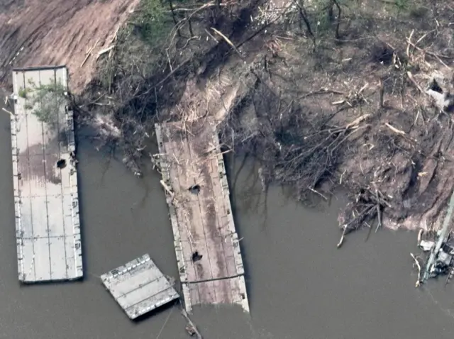 Remains of a Russian makeshift bridge following Ukraine's reported attack