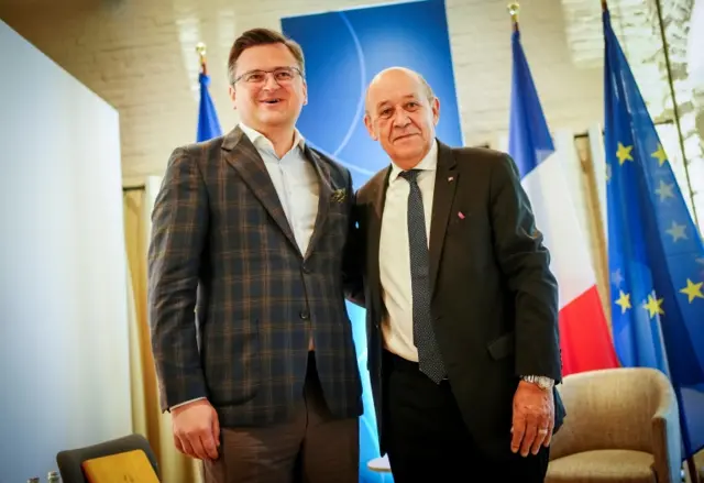 Ukraine's Dmytro Kuleba meets French Foreign Minister Jean-Yves Le Drian at the G7 Foreign Ministers Summit in Weissenhaeuser Strand, Germany