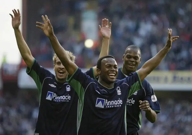 David Johnson of Forest celebrates scoring against Sheffield United in the play-off semi-final at Bramall Lane in 2003