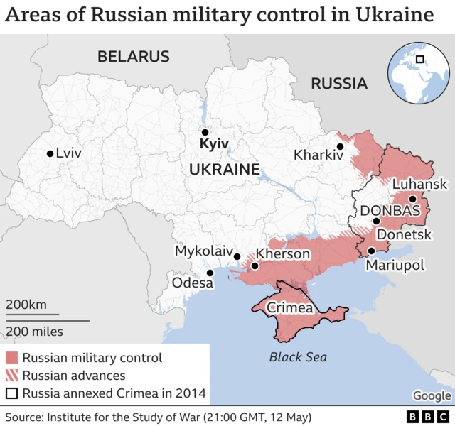 Map showing areas of Russian control