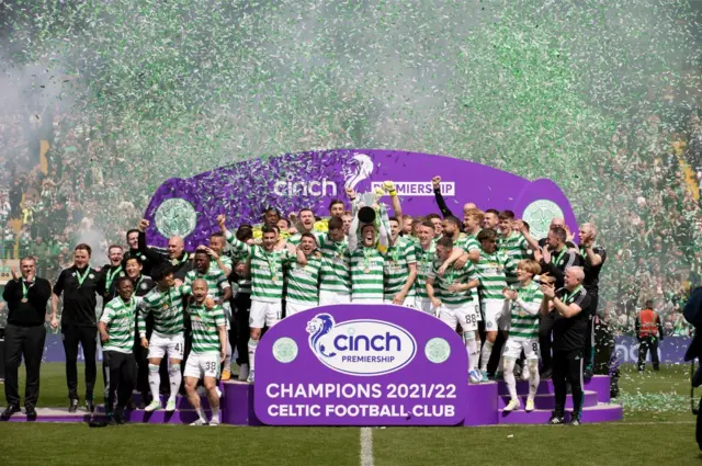 Celtic players with the Scottish Premiership trophy