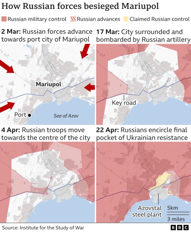 A map showing Russian forces' advancement into Mariupol over time