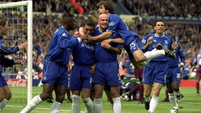 Chelsea celebrate scoring in the 2000 FA Cup final