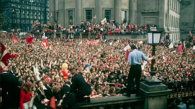 Liverpool fans gather to celebrate FA Cup win in 1974