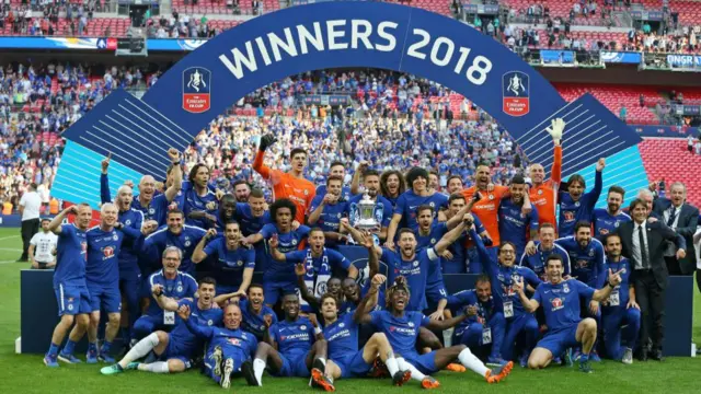 Chelsea celebrate with FA Cup in 2018