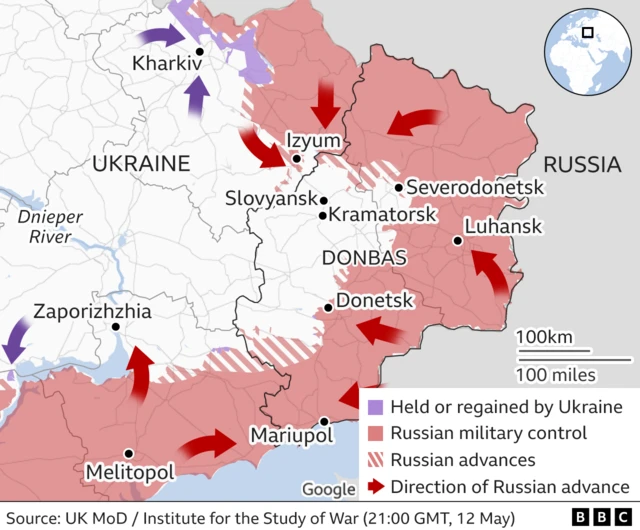 Map showing areas under Russian control in east of Ukraine