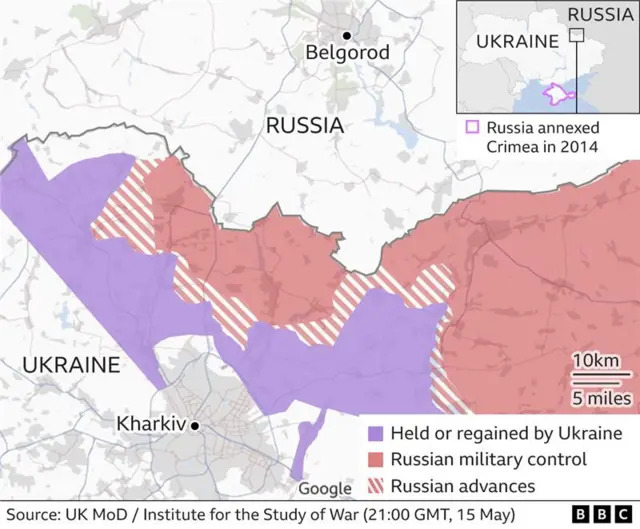 Map showing territory held by Ukraine and Russia around Kharkiv