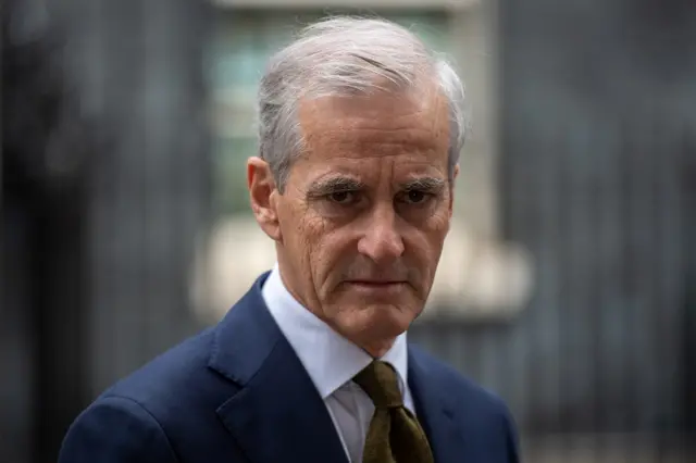 Norwegian PM Jonas Gahr Stoere pictured outside 10 Downing Street, London