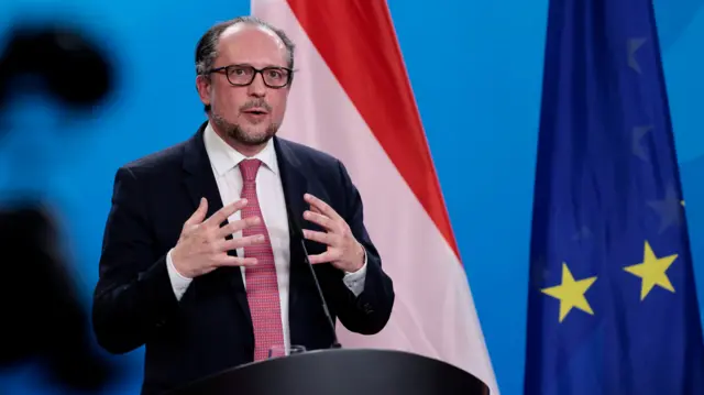 Austria's foreign minister Alexander Schallenberg speaks to the media at a press conference in February