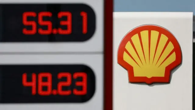 A board with the logo of Shell at the company's fuel station in Saint Petersburg