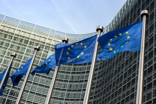 European Union flags in front of the Berlaymont building (European commission) in Brussels, Belgium