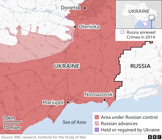 Map of Mariupol and surrounding areas under Russian control