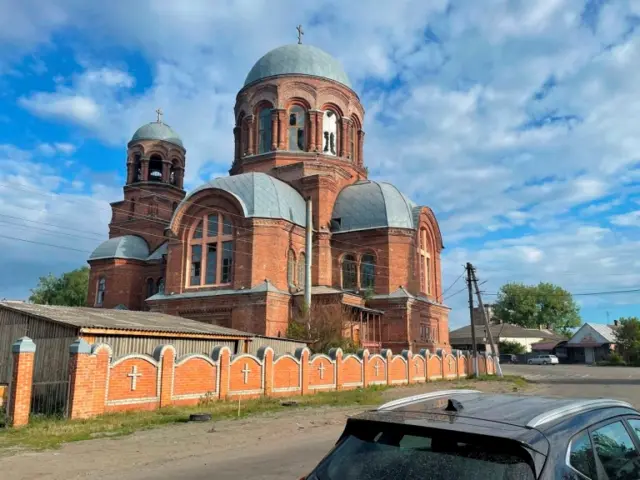 Windows are broken at a church in Okhtyrka following shelling by the Russian military