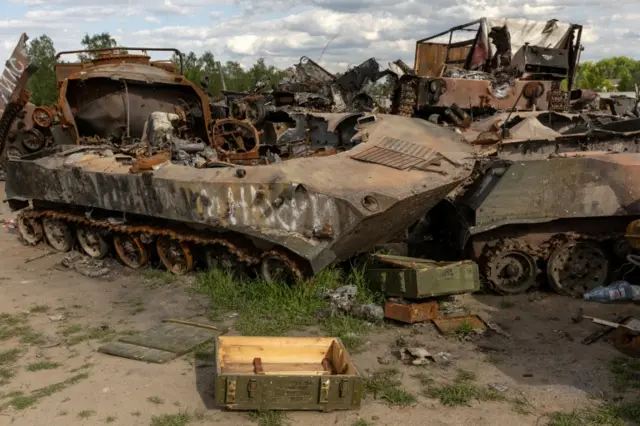 Images of destroyed Russian tanks and military vehicles dumped in Bucha