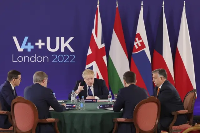 The 'Visegrad Four' group on a visit to the UK earlier in March with PM Boris Johnson