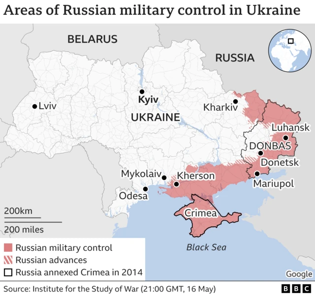 BBC map showing area of Russian control within Ukraine