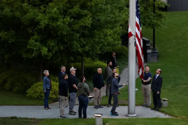 The US flag is raised for the first time after diplomats returned to the US embassy in Kyiv on 18 May 2022