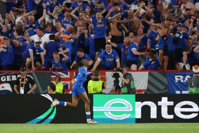 Aribo wheels away in front of a bouncing Rangers end after netting the opener