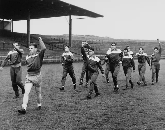 Ferenc Puskas leads Real Madrid training at Rugby Park