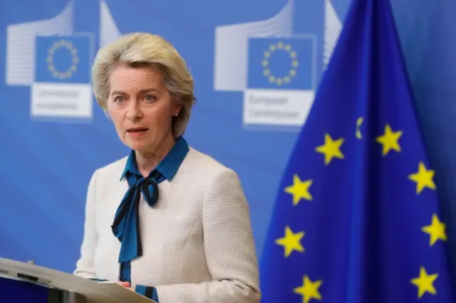 Ursula von der Leyen making the announcement in Brussels