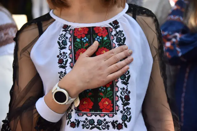 Close up of woman wearing vyshyvanka, Lviv