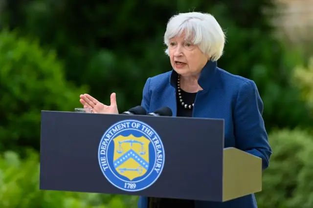 US Treasury Secretary Janet Yellen speaks to journalists in Koenigswinter near Bonn, western Germany