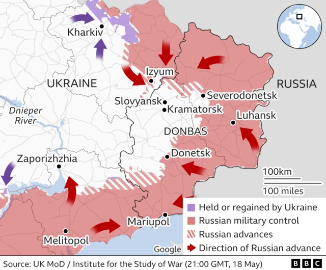 Map showing areas of Russian control in eastern Ukraine