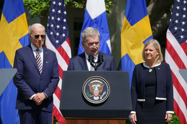 Finnish President Sauli Niinistö, with US President Joe Biden and Swedish Prime Minister Magdalena Andersson