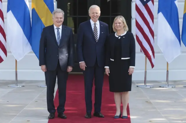 US President Joe Biden with Swedish Prime Minister Magdalena Andersson and Finnish President Sauli Niinistö