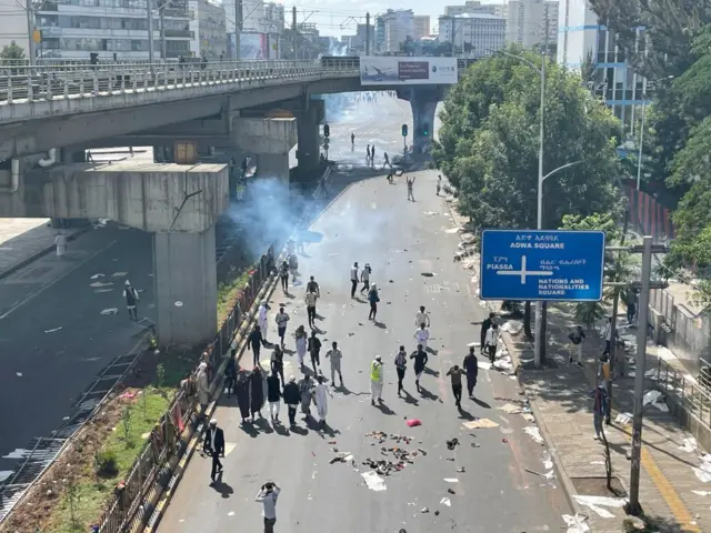 Tear gas amongst protesters in Ethiopia