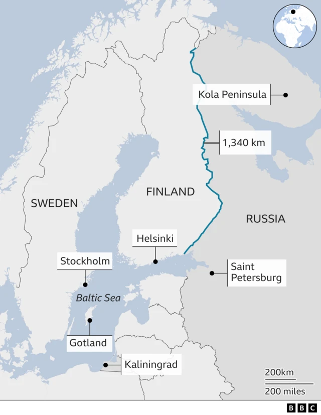 Map showing Finland and Sweden and Russia's border