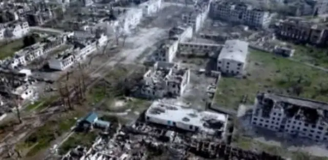 Aerial photo shows devastated buildings in Rubizhne