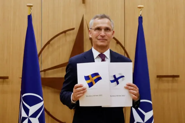 Nato Secretary General Jens Stoltenberg attends a ceremony to mark Sweden and Finland's application for membership