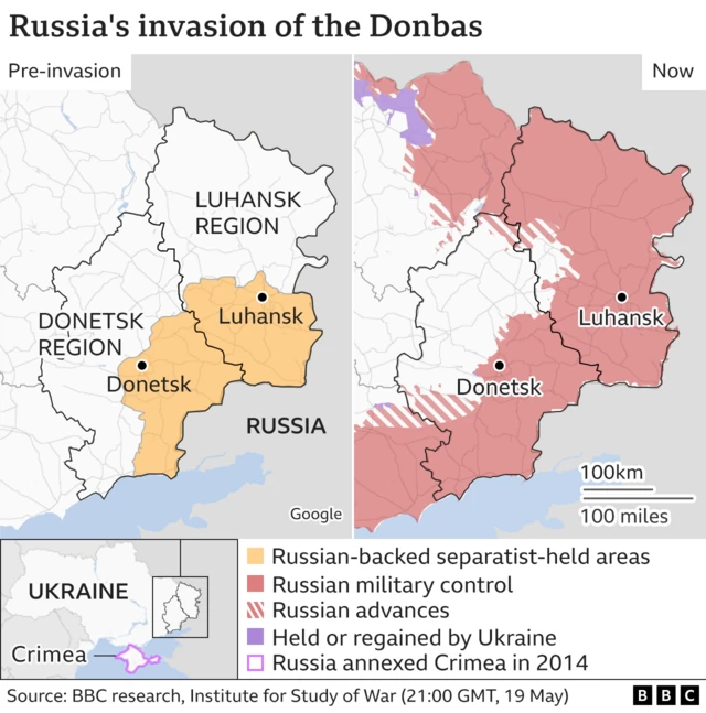 A map showing Russia's invasion of the Donbas