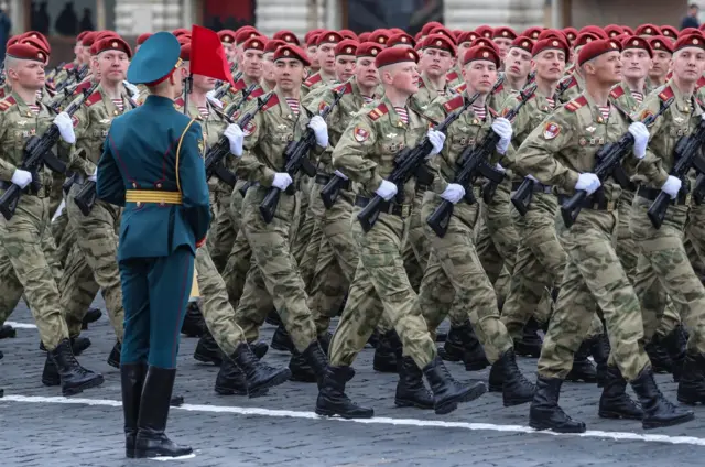 Russian servicemen take part in the Victory Day military parade in the Red Square in Moscow