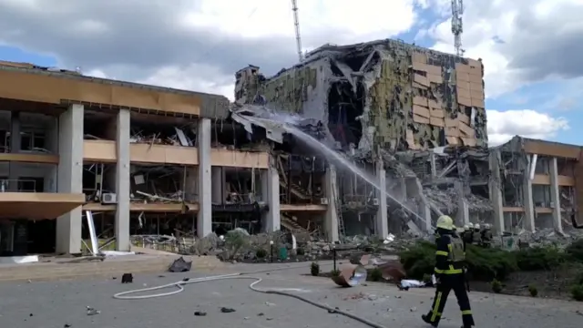 A building left in ruins following the missile strike on the cultural centre in Lozova