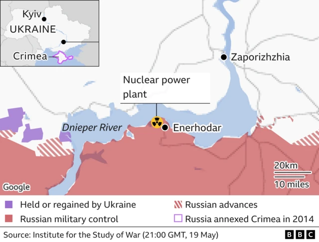 Map showing Zaporizhzhia nuclear plant