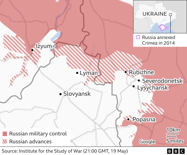 Map showing the area around Severodonetsk