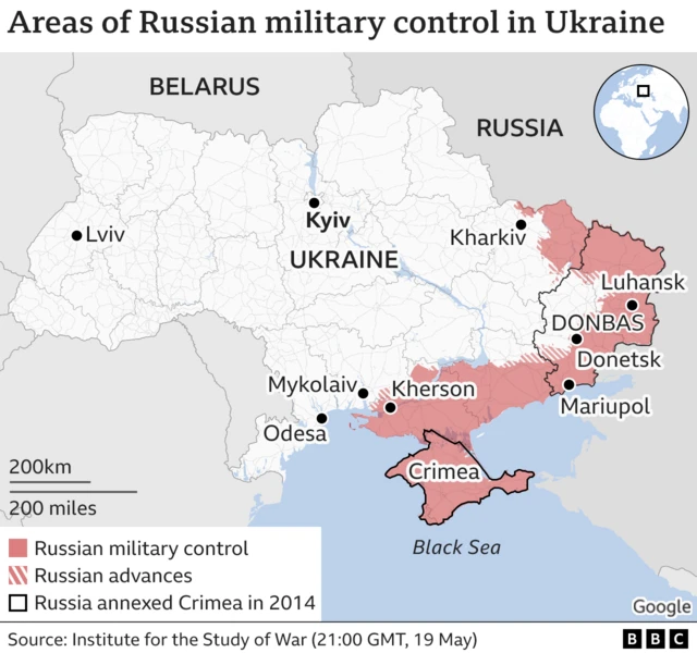 Map showing areas of Russian control in Ukraine's east