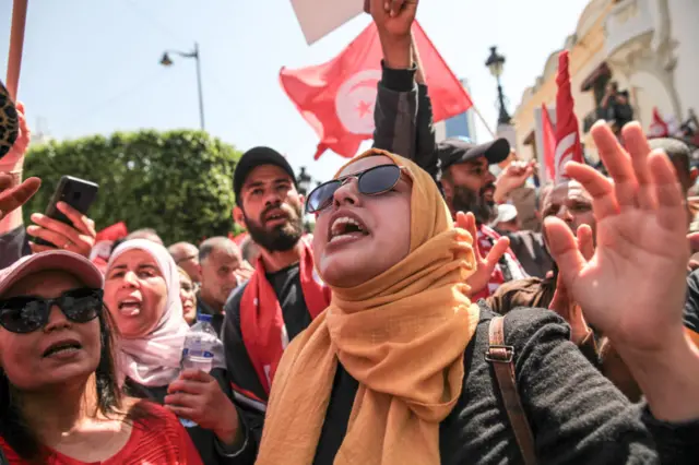 Protesters in Tunis in May call for the president to step down.