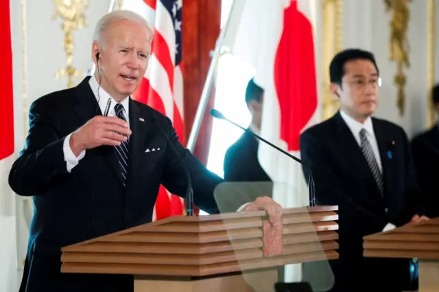 US President Joe Biden speaks during a joint news conference with Japan's Prime Minister Fumio Kishida after their bilateral meeting at Akasaka Palace in Tokyo, Japan, on 23 May 2022