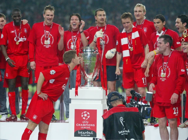 Steven Gerrard kisses the European Cup after Liverpool's triumph in 2005