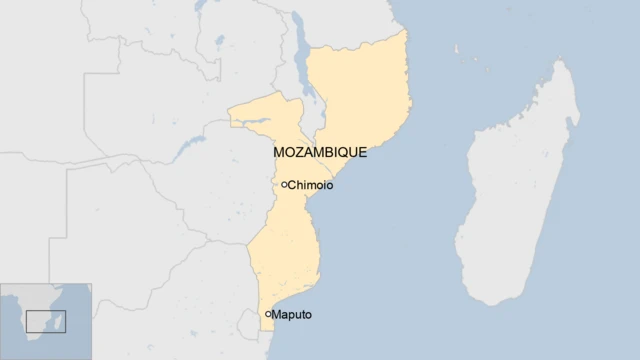 A map showing Chimoio and the capital, Maputo, in Mozambique.