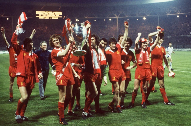 Liverpool's players celebrate winning the European Cup in 1978