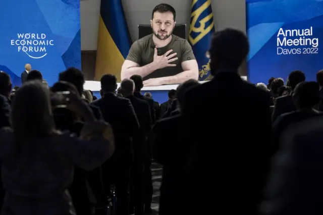 Ukraine's President Zelensky gives a video address to the World Economic Forum in Davos