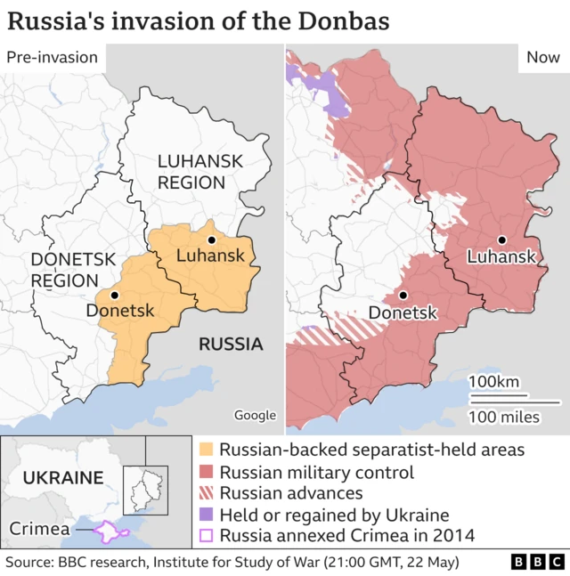 A map showing Russia's military control of the Donbas pre- and post-invasion. Post-invasion it has taken more land in the northern area of Luhansk and swept round to the south-west of the Donetsk region