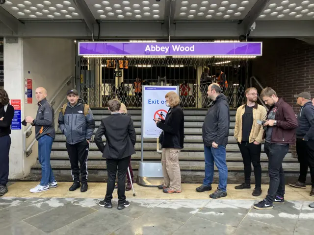 Queue at Abbey Wood station at 06:00 BST